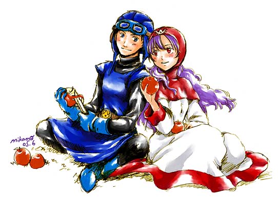 arao (rosa), prince of lorasia, princess of moonbrook, chunsoft, dragon quest, dragon quest ii, enix, 1980s (style), 1boy, 1girl, apple, auff1drau30fbo, blush, couple, dress, food, fruit, gloves, hetero, hood, knife, long hair, oldschool, purple hair, red eyes
