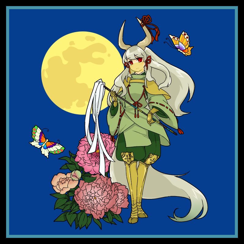 mizushima ittou hei, ex-keine, kamishirasawa keine, touhou, bad id, bad pixiv id, 1girl, bug, butterfly, female focus, flower, full body, full moon, horns, japanese clothes, long hair, moon, outdoors, plant, red eyes, ribbon, sky, solo, standing, tail