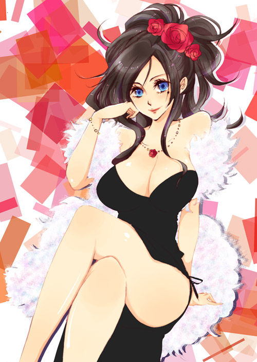 icomemo, deborah (dq5), dragon quest, dragon quest v, 1girl, black hair, blue eyes, breasts, cleavage, crossed legs, dress, feather boa, female focus, flower, hair flower, hair ornament, large breasts, legs, mole, mole under eye, rose, sitting, smile, solo