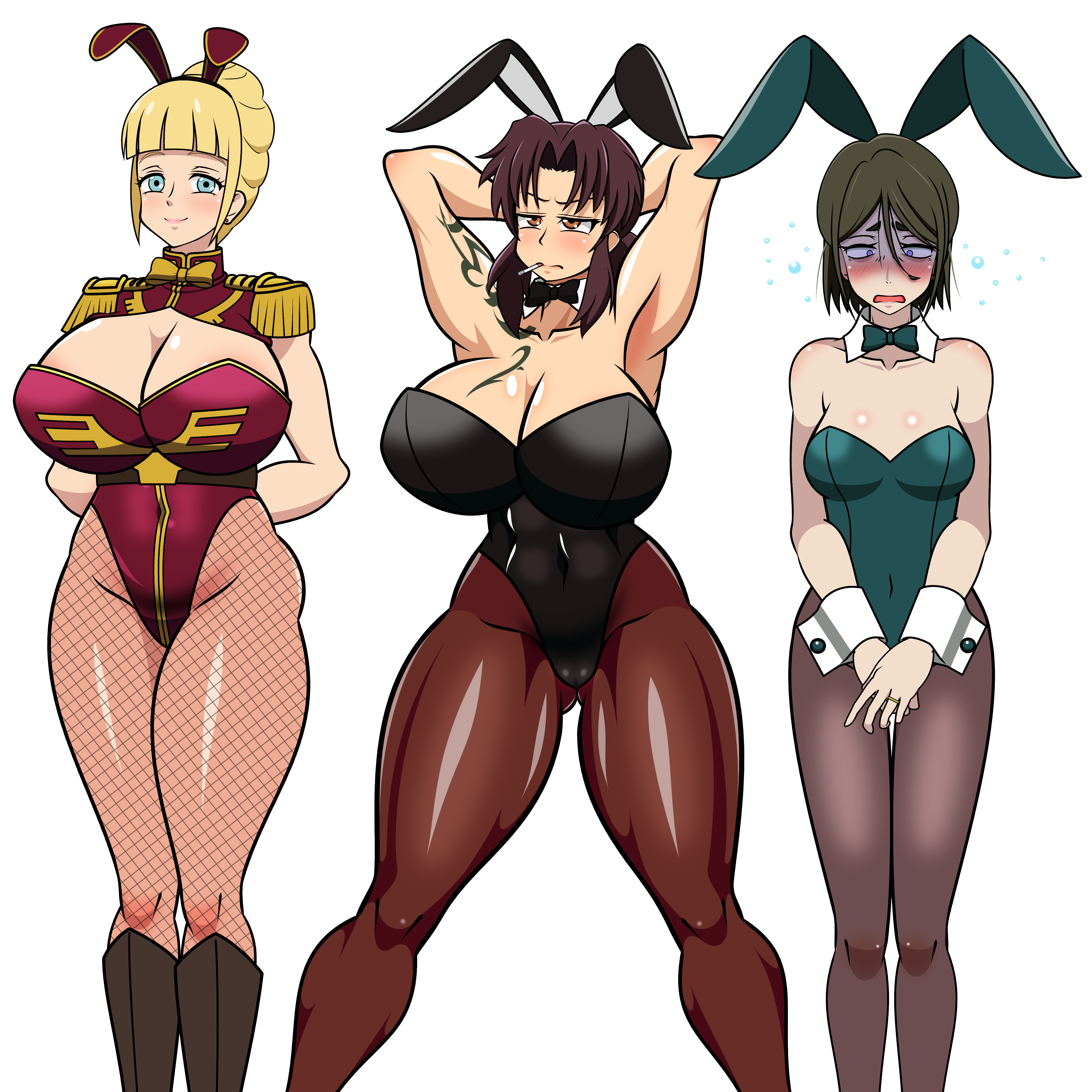 hayakawakenn, cecilia irene, revy (black lagoon), black lagoon, gegege no kitarou, gundam, kitarou tanjou: gegege no nazo, mobile suit gundam, absurdres, highres, tagme, animal ears, breasts, cigarette, embarrassed, fake animal ears, nagata kenko, playboy bunny, smoking, squatting