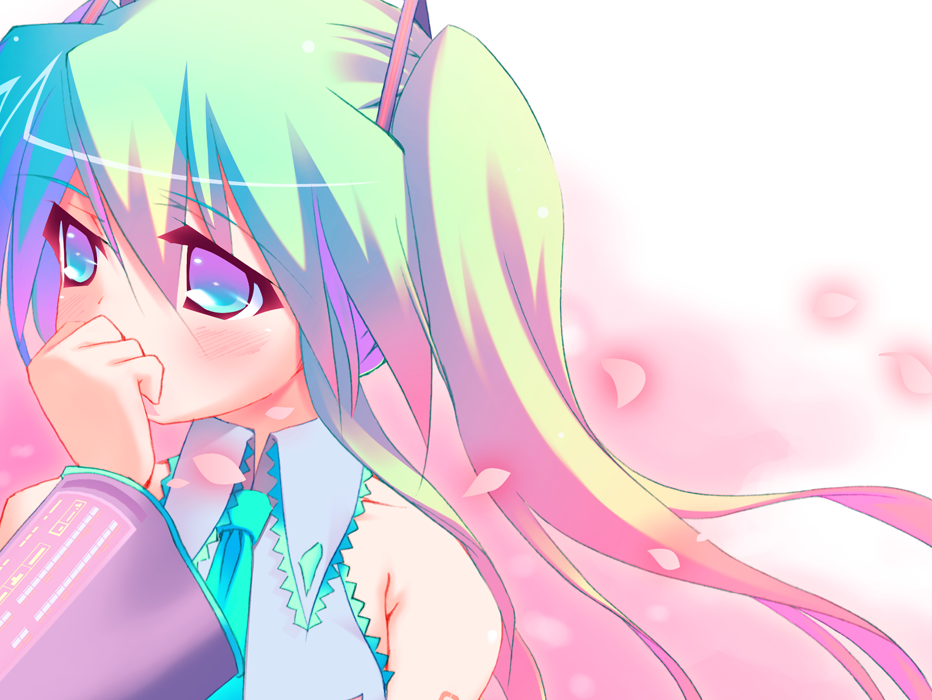 amakara surume, surume (pixiv3908), hatsune miku, vocaloid, looking away, bad id, bad pixiv id, aqua eyes, aqua hair, detached sleeves, necktie, solo, twintails