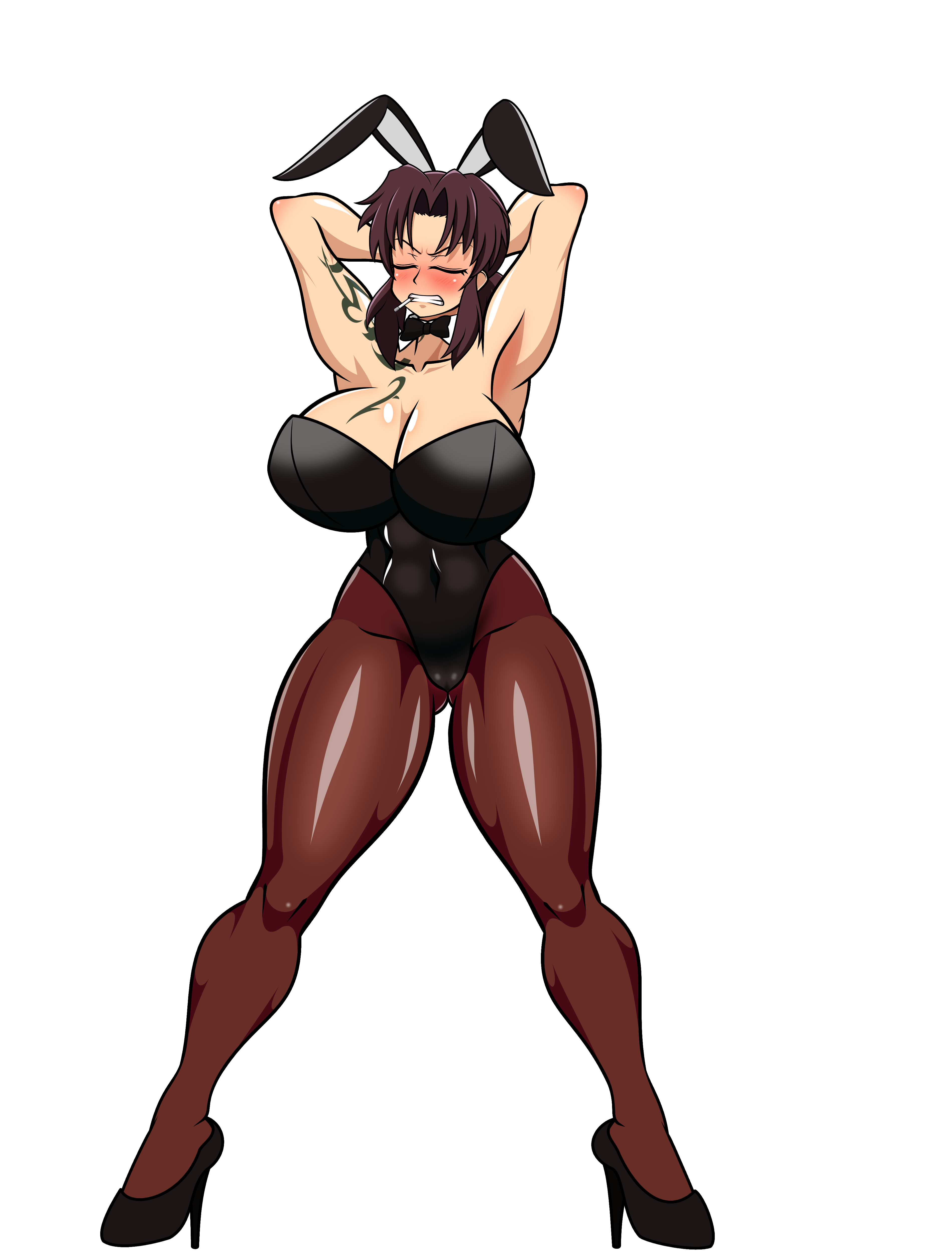 hayakawakenn, revy (black lagoon), black lagoon, absurdres, highres, tagme, animal ears, breasts, cigarette, embarrassed, fake animal ears, playboy bunny, smoking, squatting