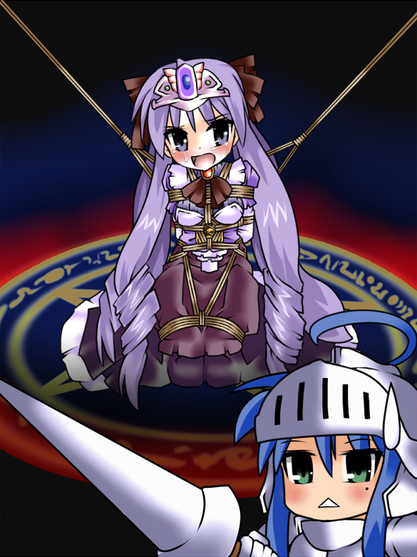 lilish, hiiragi kagami, izumi konata, lucky star, 00s, 2girls, ahoge, bdsm, blush, bondage, bound, knight, mole, mole under eye, multiple girls, princess, rope, shibari, sweatdrop, tears
