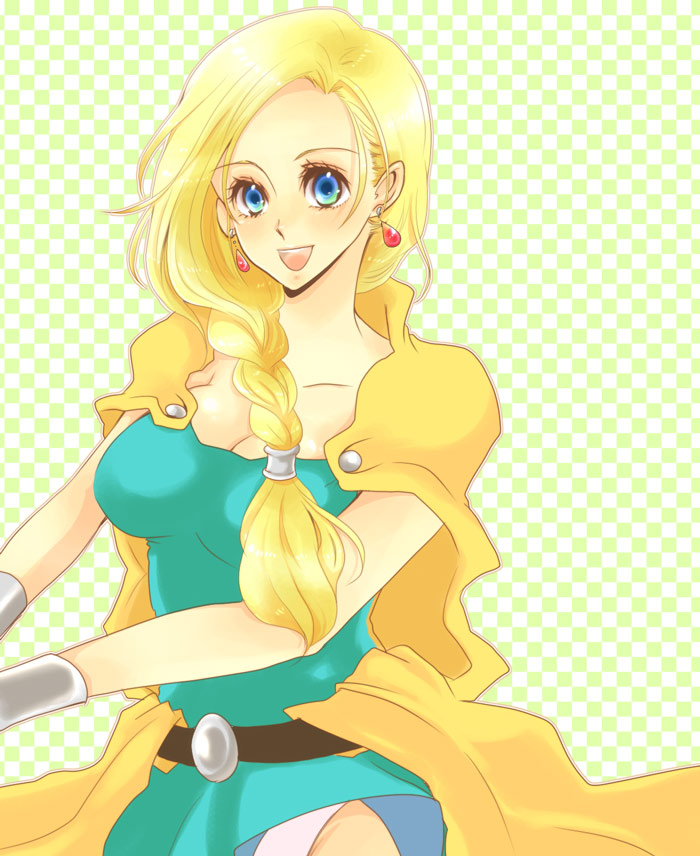 icomemo, bianca (dq5), dragon quest, dragon quest v, square enix, 1girl, blonde hair, blue eyes, braid, cape, dress, earrings, female focus, hair over shoulder, jewelry, long hair, open mouth, single braid, smile, solo