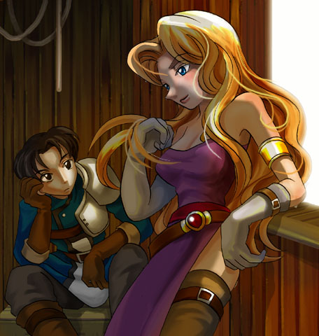 alphonse loeher, cybil alinda, artdink, atlus, tactics ogre, tactics ogre: the knight of lodis, lowres, blonde hair, blue eyes, dress, gloves, long hair, side slit