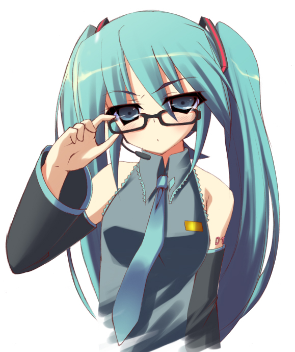 amakara surume, surume (pixiv3908), hatsune miku, vocaloid, bad id, bad pixiv id, adjusting eyewear, aqua eyes, aqua hair, bespectacled, detached sleeves, glasses, long hair, necktie, solo, twintails, very long hair