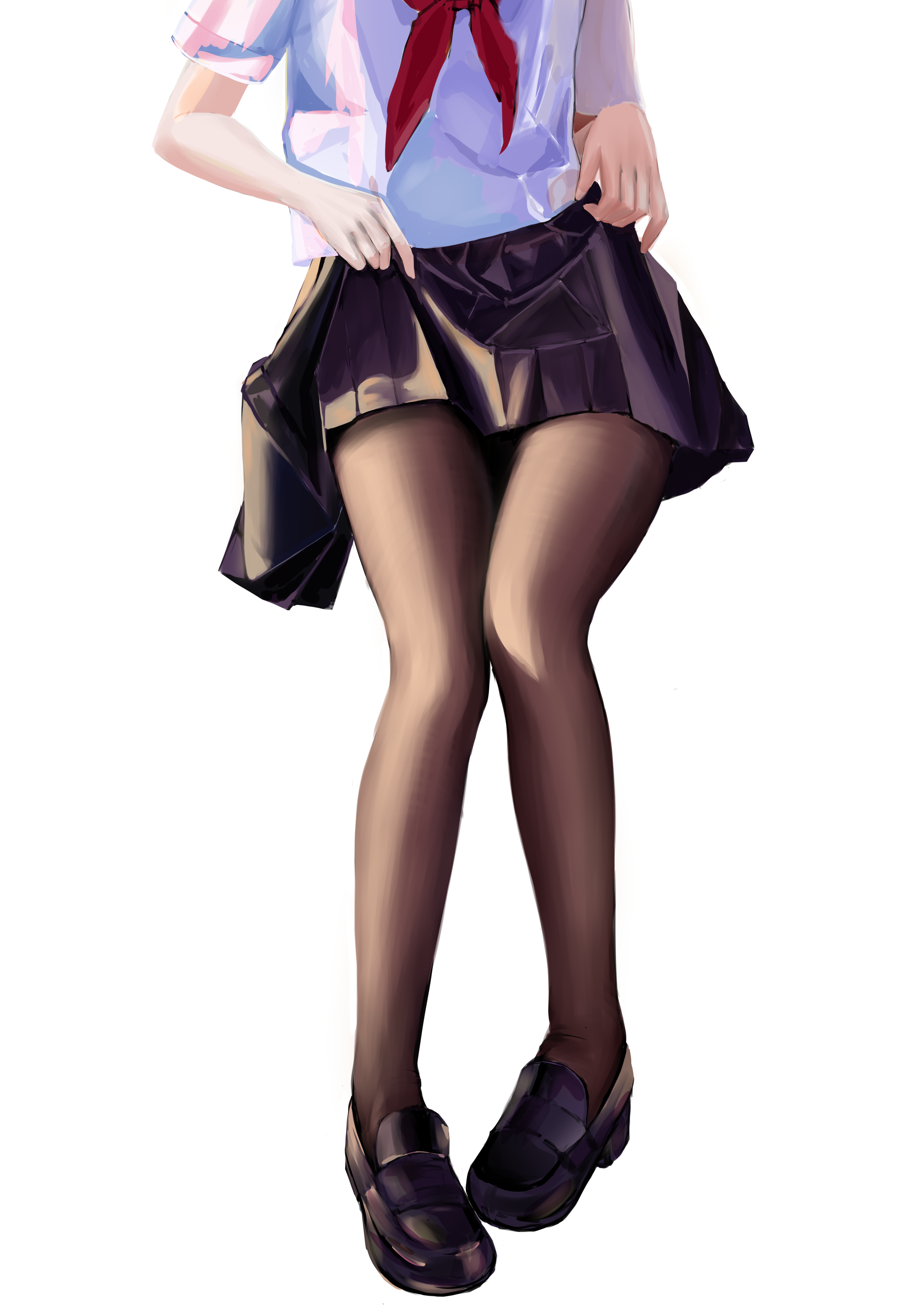 original, highres, 1girl, bow, clothes lift, head out of frame, lifting own clothes, pantyhose, pleated skirt, school uniform, serafuku, shirt lift, shoes, simple background, skirt, skirt lift, solo, standing, white background, ye he yue