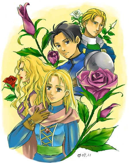 arao (rosa), a＝ra・o, alphonse loeher, cybil alinda, eleanor olato, rictor lasanti, artdink, atlus, tactics ogre, tactics ogre: the knight of lodis, 2boys, 2girls, blonde hair, blue eyes, flower, long hair, multiple boys, multiple girls, purple rose, rose, short hair, yellow background