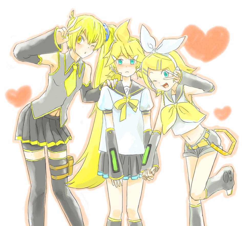 datsugoku, yoneda (datsugoku), akita neru, kagamine len, kagamine rin, vocaloid, bad id, bad pixiv id, 1boy, 2girls, blonde hair, crossdressing, detached sleeves, green eyes, long hair, midriff, multiple girls, ponytail, ribbon, siblings, skirt, thighhighs