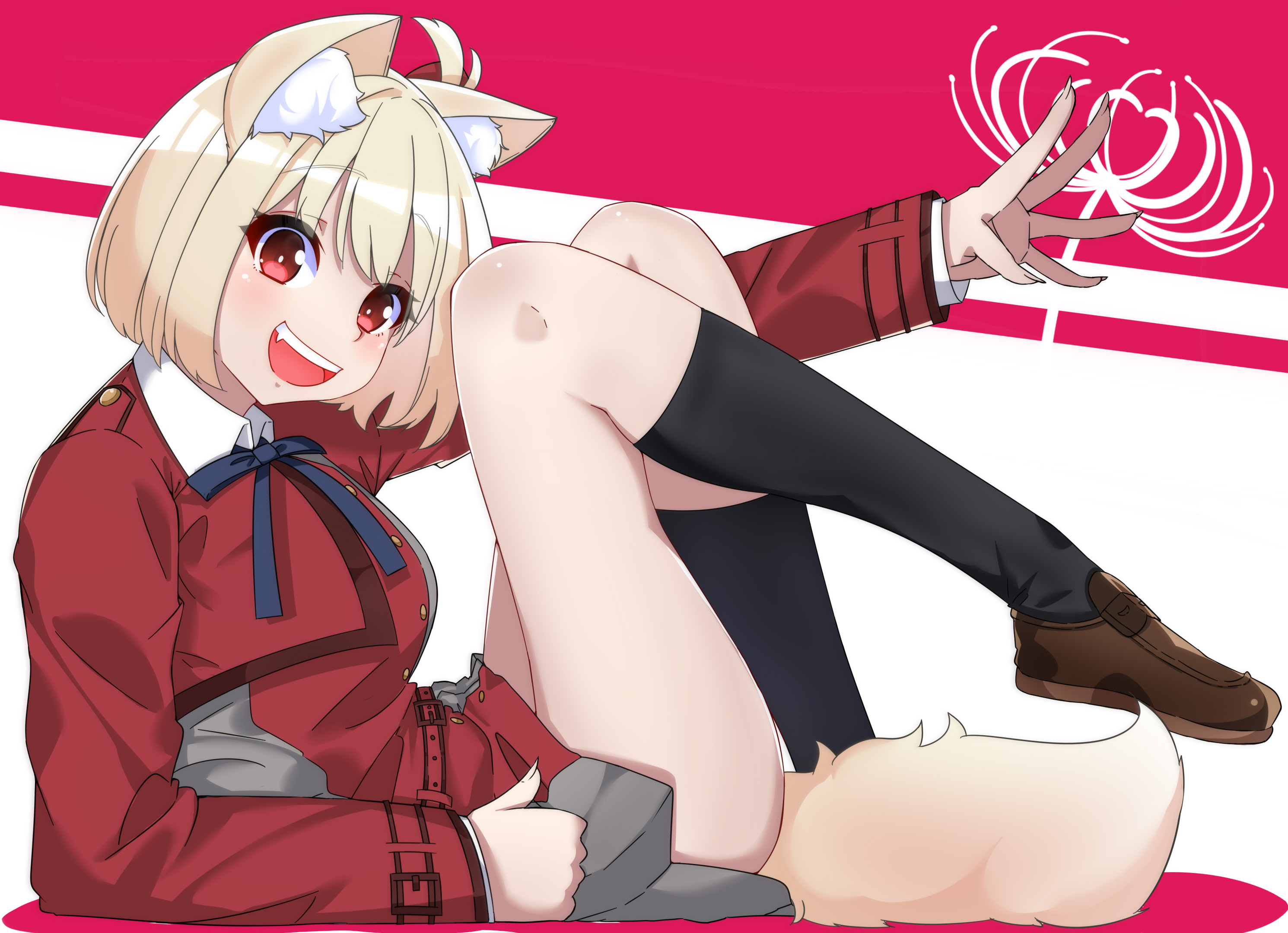 nishikigi chisato, lycoris recoil, highres, 1girl, :d, animal ear fluff, animal ears, black socks, blonde hair, blue ribbon, bob cut, bright pupils, brown shoes, dress, fang, fox ears, fox girl, fox tail, from side, full body, hair between eyes, happy, kemonomimi mode, kneehighs, knees together feet apart, loafers, long sleeves, looking at viewer, lycoris uniform, medium hair, nckak9rjjdjff4e, neck ribbon, open mouth, outstretched arm, outstretched hand, pleated dress, red background, red dress, red eyes, ribbon, shoes, short dress, simple background, smile, socks, solo, tail, tearing up, teeth, thighs, two-tone background, upper teeth only, white background, white pupils