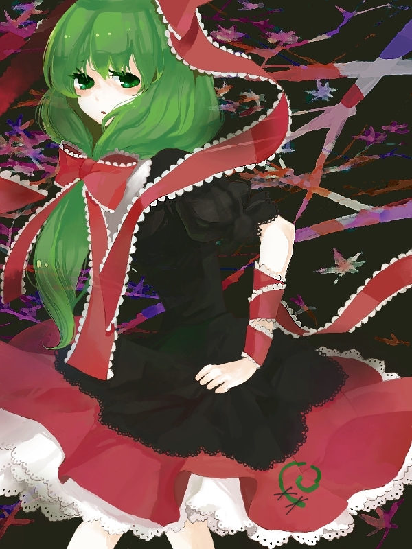 hm (artist), slash (syrh3ee), kagiyama hina, touhou, bad id, bad pixiv id, 1girl, alternate costume, female focus, front ponytail, green eyes, green hair, leaf, looking at viewer, matching hair/eyes, ribbon, skirt hold, solo