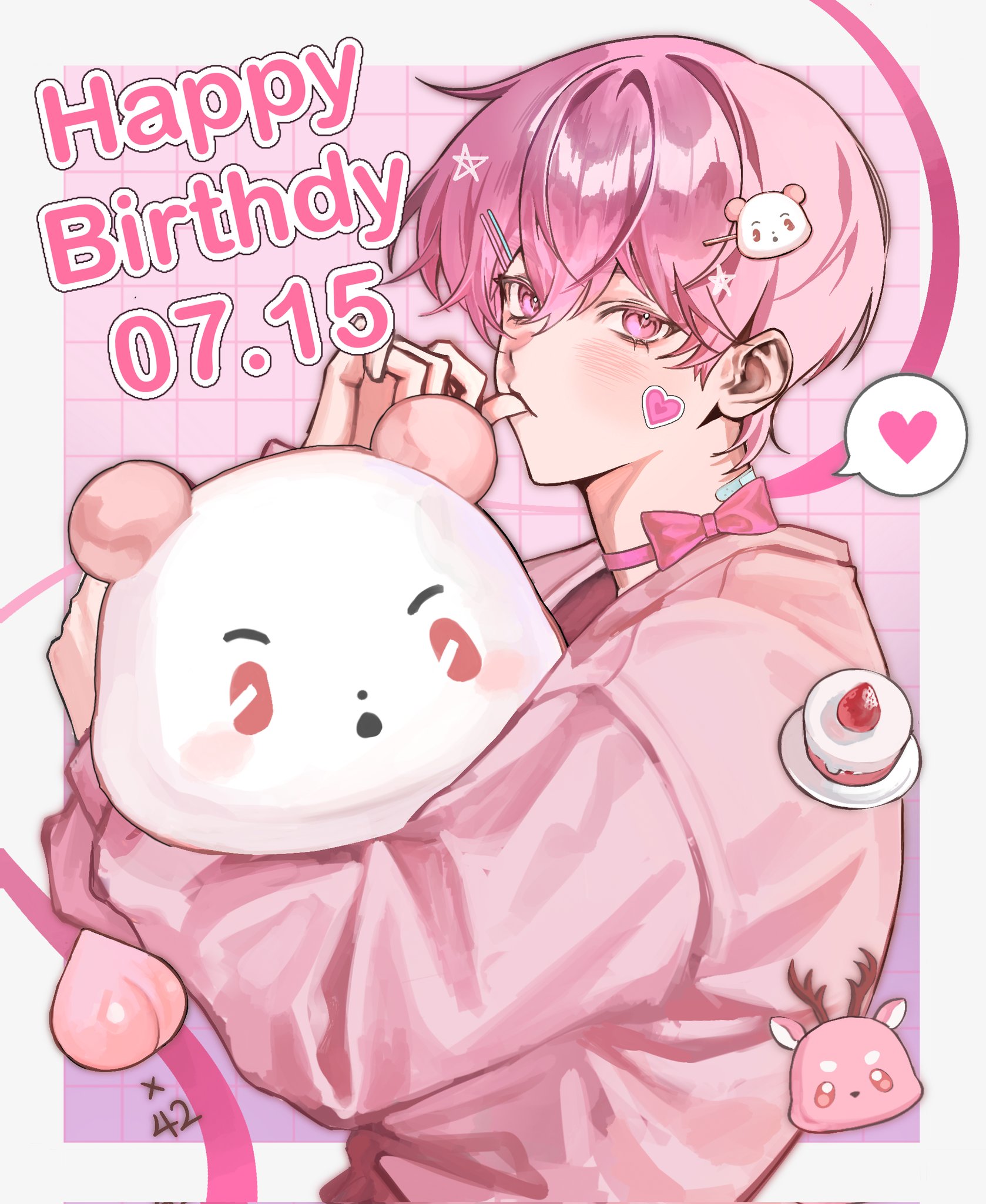 amo 0202, bamby (plave), plave, highres, 1boy, border, bow, dated, hair between eyes, hair ornament, hairclip, happy birthday, heart, heart sticker, holding, holding stuffed toy, k-pop, long sleeves, looking at viewer, male focus, parallel hairclips, pink bow, pink eyes, pink hair, pink shirt, shirt, short hair, solo, spoken heart, sticker, sticker on face, stuffed animal, stuffed toy, thumb sucking, upper body, white border