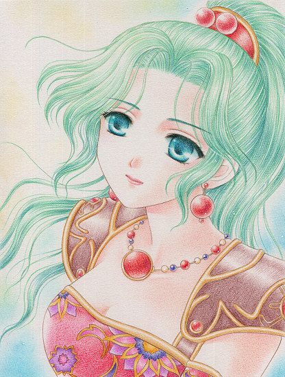 yukiou, tina branford, final fantasy, final fantasy vi, bad id, bad pixiv id, traditional media, 1990s (style), 1girl, breasts, earrings, female focus, green eyes, green hair, jewelry, long hair, matching hair/eyes, necklace, ponytail, smile, solo
