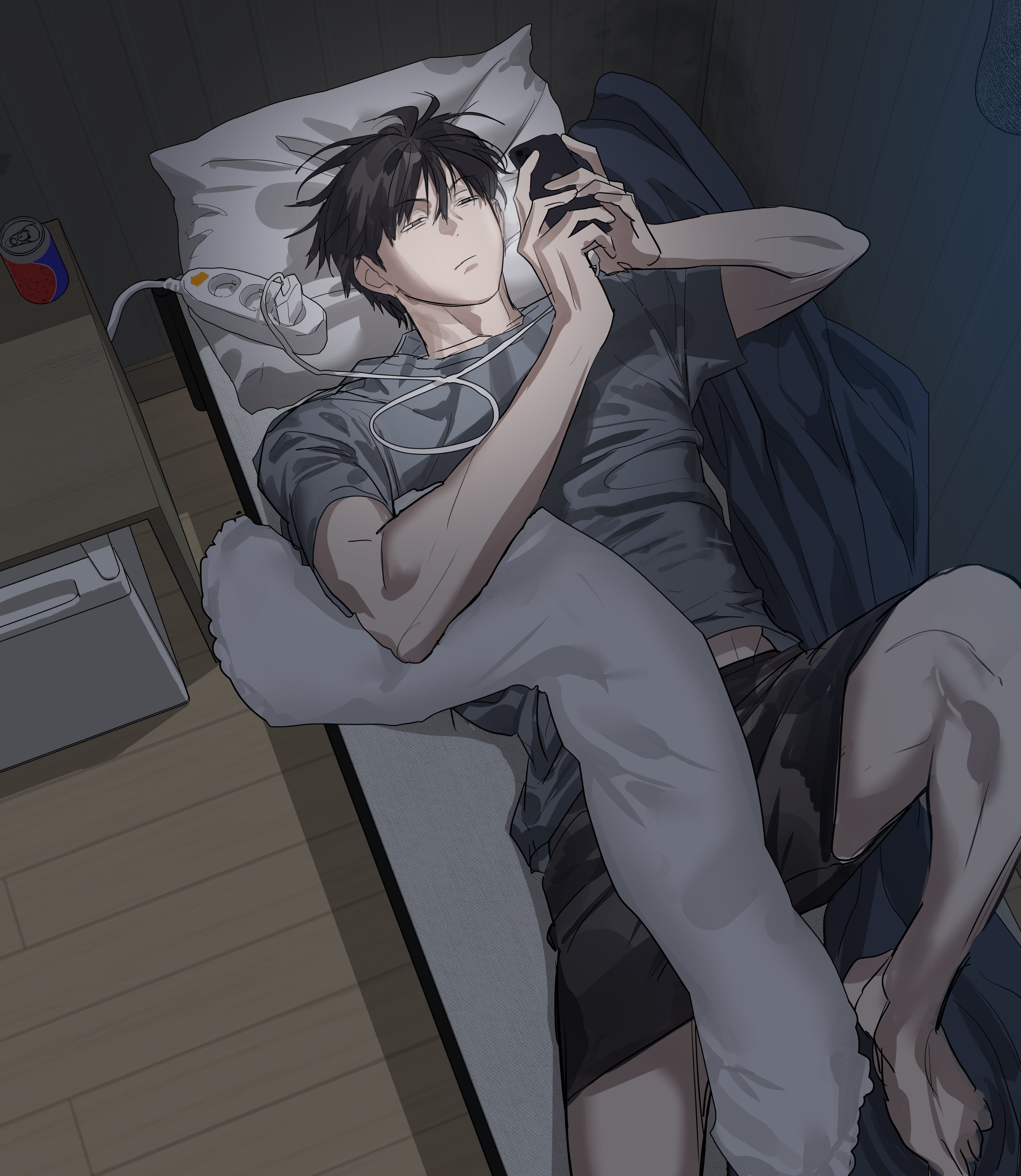 chamuring, absurdres, hashtag-only commentary, highres, 1boy, black shorts, cellphone, closed mouth, extension cord, from above, grey eyes, grey shirt, han maru, holding, holding phone, looking at phone, lying, male focus, midriff peek, on back, on bed, phone, pillow, powering up, shirt, shorts, smartphone, solo, special civil servant