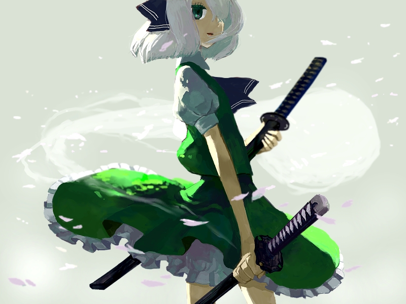 hm (artist), slash (syrh3ee), konpaku youmu, konpaku youmu (ghost), touhou, bad id, bad pixiv id, 1girl, female focus, hair over one eye, hitodama, katana, sheath, sheathed, solo, sword, weapon, white hair, wind