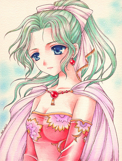 yukiou, tina branford, final fantasy, final fantasy vi, bad id, bad pixiv id, traditional media, 1990s (style), 1girl, blue eyes, bow, cape, detached sleeves, earrings, female focus, green hair, jewelry, pink bow, ponytail, retro artstyle, solo