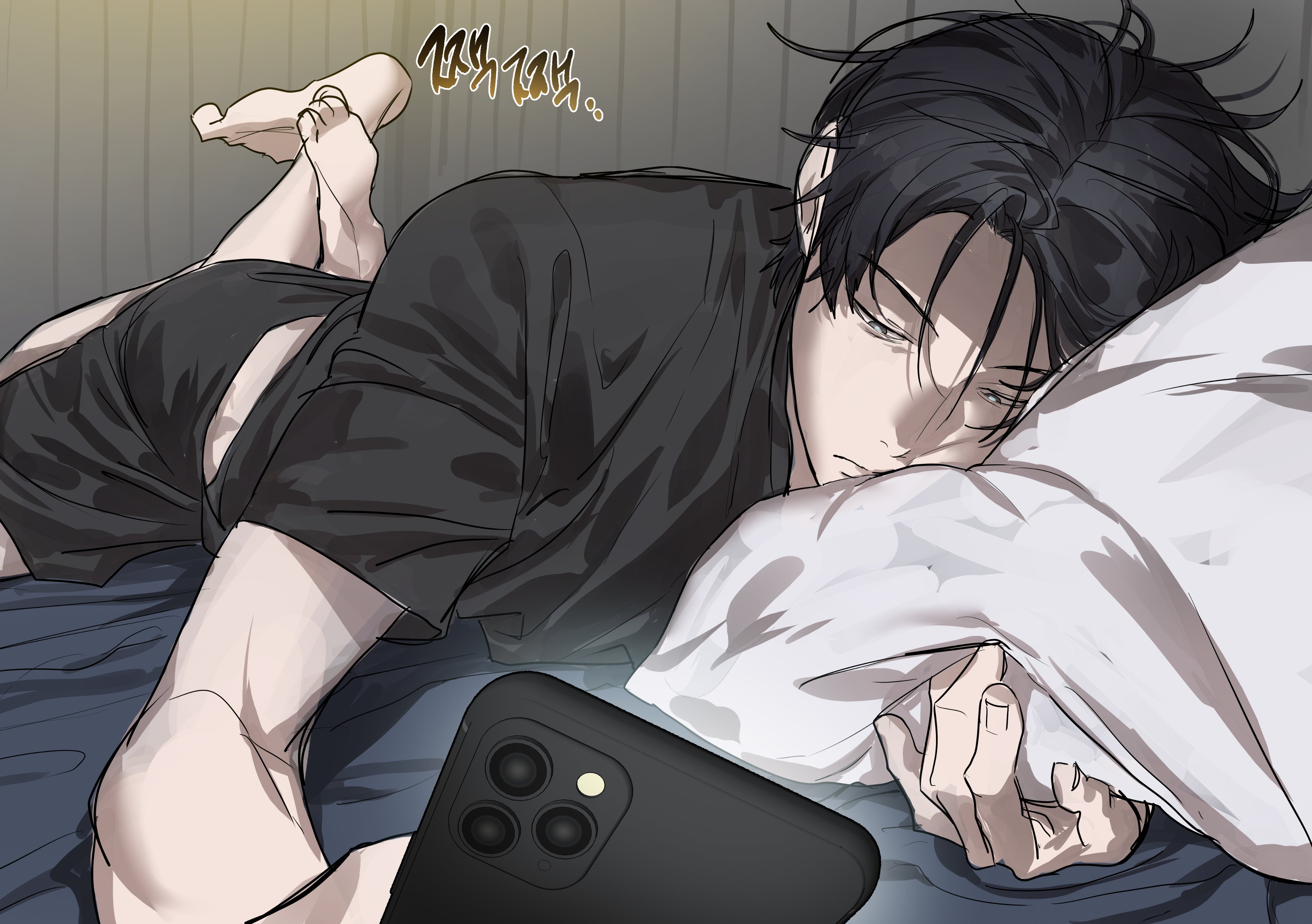 chamuring, absurdres, hashtag-only commentary, highres, translation request, 1boy, barefoot, black hair, black shirt, black shorts, cellphone, han maru, holding, holding phone, korean text, legs up, looking at phone, lying, male focus, on bed, on stomach, phone, pillow, shirt, short hair, shorts, smartphone, solo, special civil servant