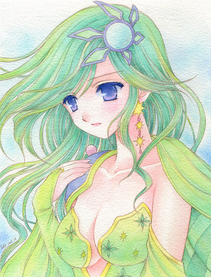 yukiou, rydia (adult) (ff4), rydia (ff4), final fantasy, final fantasy iv, bad id, bad pixiv id, traditional media, 1990s (style), 1girl, aged up, blush, breasts, cape, cleavage, detached sleeves, female focus, gradient background, green hair, large breasts, long hair, purple eyes, retro artstyle, solo