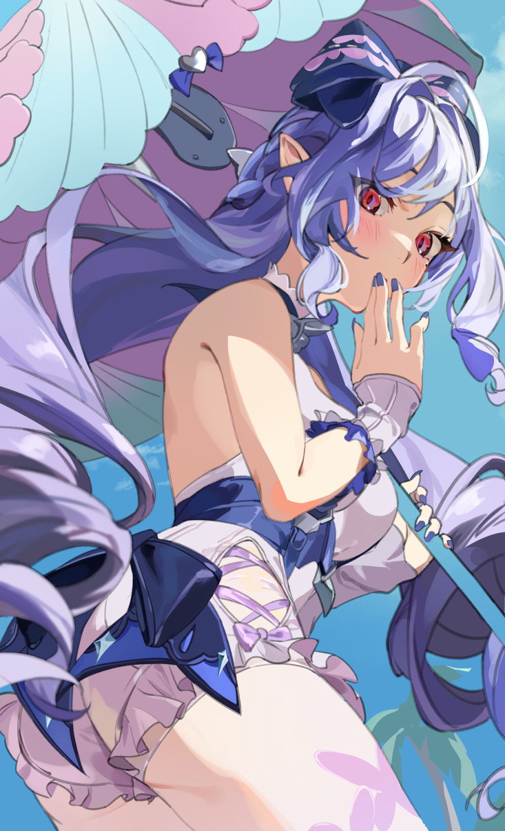 hst 426, vivian banshee, vivian banshee (iris of the shore), zenless zone zero, highres, 1girl, ass, dress swimsuit, drill hair, frilled one-piece swimsuit, frilled wrist cuffs, frills, looking at viewer, multicolored umbrella, official alternate costume, one-piece swimsuit, purple nails, solo, swimsuit, two-tone one-piece swimsuit, white one-piece swimsuit, wrist cuffs