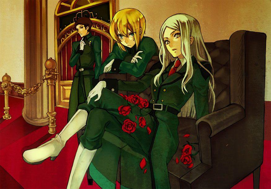 kafka, andrei smirnov, louise halevy, soma peries, gundam, gundam 00, uniform, 00s, 1boy, 2girls, armchair, belt, blonde hair, boots, brown hair, chair, crossed legs, flower, gloves, indoors, leaning, multiple girls, rose, short hair, sitting, white hair, yellow eyes