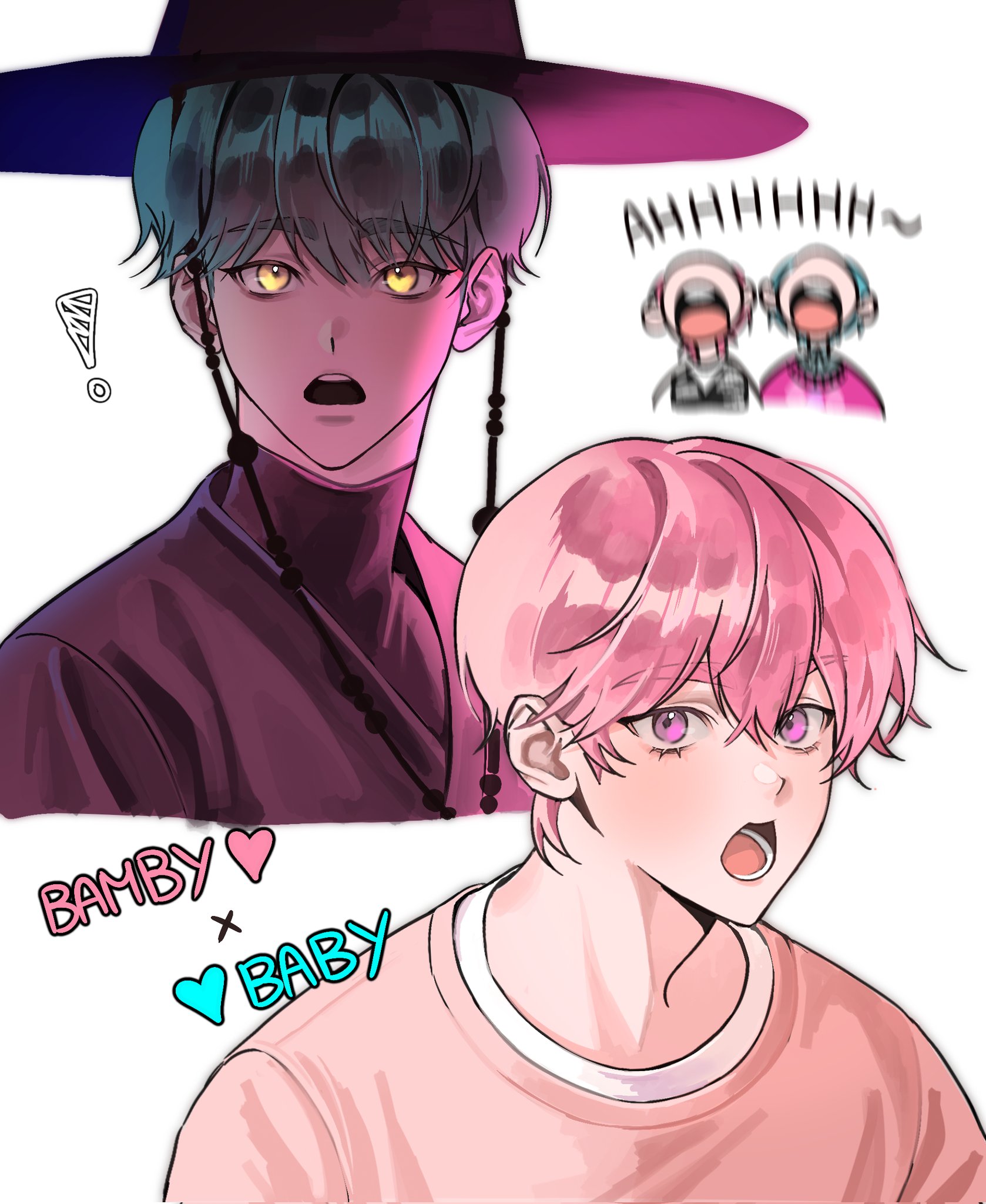 amo 0202, baby (kpop demon hunters), bamby (plave), kpop demon hunters, plave, highres, !, 2boys, aqua hair, character name, gat (hat), glowing, glowing eyes, hair between eyes, hat, korean clothes, looking at viewer, male focus, multiple boys, open mouth, pink hair, pink shirt, shirt, short hair, simple background, turtleneck, upper body, white background, yellow eyes
