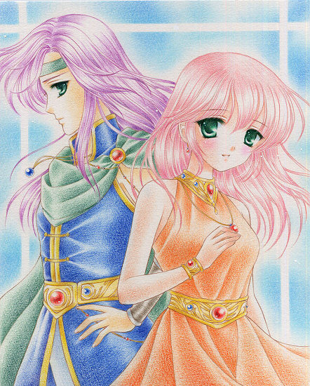 yukiou, faris scherwiz, lenna charlotte tycoon, final fantasy, final fantasy v, bad id, bad pixiv id, traditional media, 1990s (style), 2girls, androgynous, cape, dress, green eyes, headband, long hair, multiple girls, orange dress, orange shirt, pink hair, purple hair, reverse trap, shirt, siblings, sisters