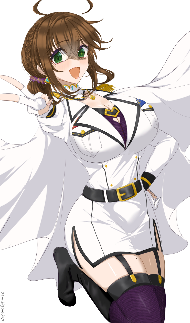 chamumi (mochiumee), female admiral (kancolle), kantai collection, original, highres, 1girl, ahoge, belt, black belt, breasts, brown hair, cape, cleavage cutout, clothing cutout, epaulettes, garter belt, garter straps, gloves, green eyes, hand on own hip, heart cutout, jacket, kneehighs, large breasts, military jacket, military uniform, miniskirt, mole, mole on breast, mole on thigh, mole under mouth, open mouth, partially fingerless gloves, pencil skirt, pleated skirt, simple background, skirt, smile, socks, solo, standing, standing on one leg, v, white background, white gloves, white jacket, white skirt
