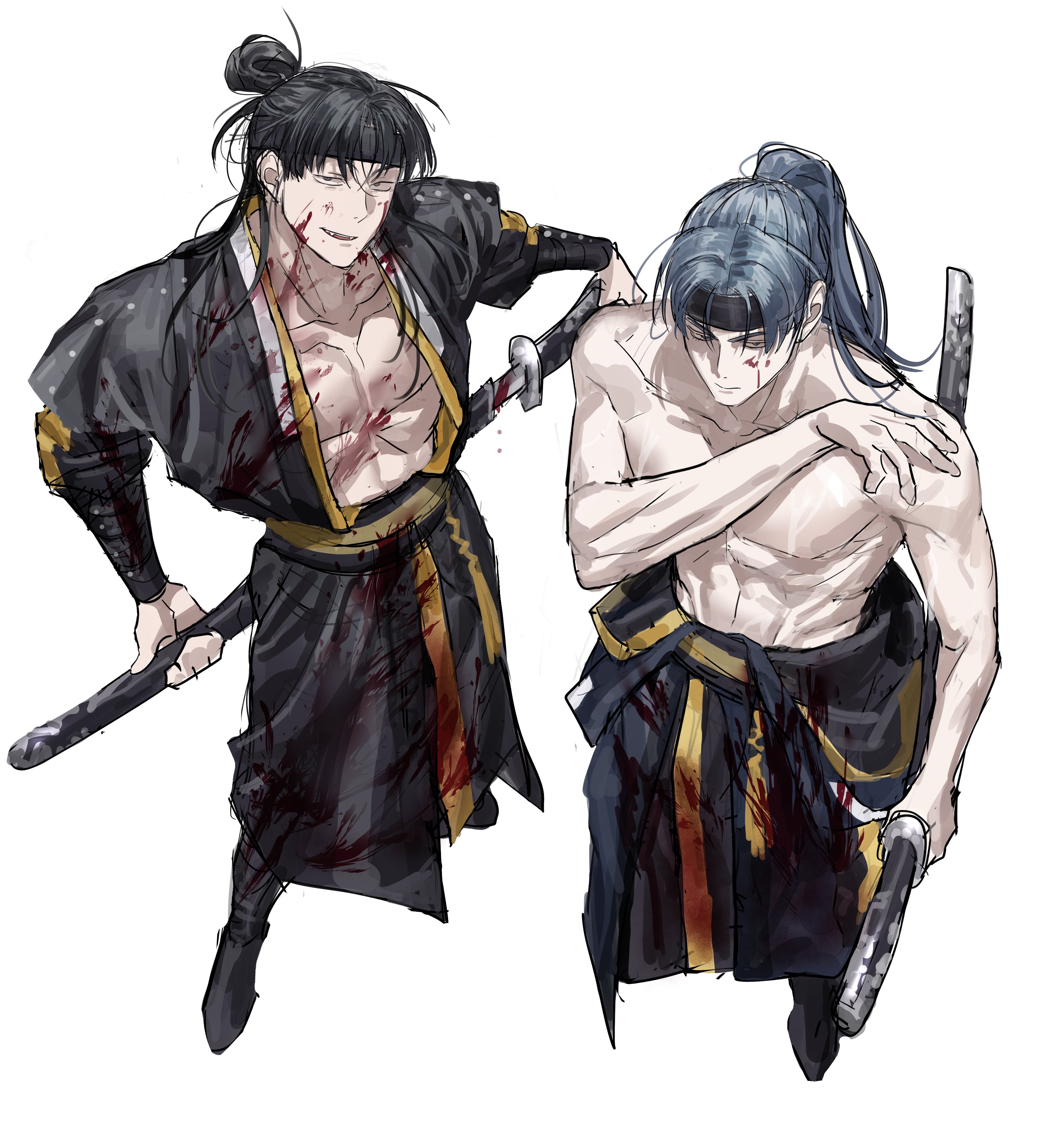 chamuring, absurdres, commentary request, highres, korean commentary, 2boys, abs, alternate hairstyle, black headband, blood, blood on clothes, blood on face, blue hair, from above, han maru, headband, katana, long hair, male focus, multiple boys, no nipples, open clothes, pectorals, ponytail, seon-woo eden, short hair, simple background, special civil servant, standing, sword, weapon, white background