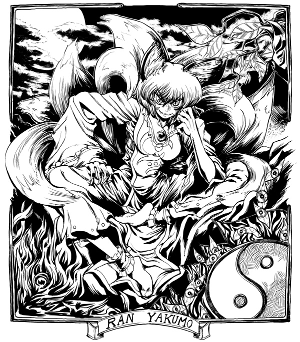 miyamoto ryuuichi, yakumo ran, touhou, 1girl, animal ears, female focus, fox ears, greyscale, kitsune, kyuubi, long sleeves, monochrome, multiple tails, no headwear, solo, tail, wide sleeves, yin yang