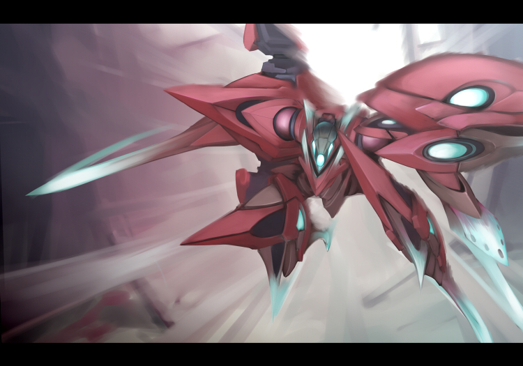 0726, soukou no strain, 00s, energy, glowing, letterboxed, machinery, mecha, motion blur, motion lines, no humans, robot