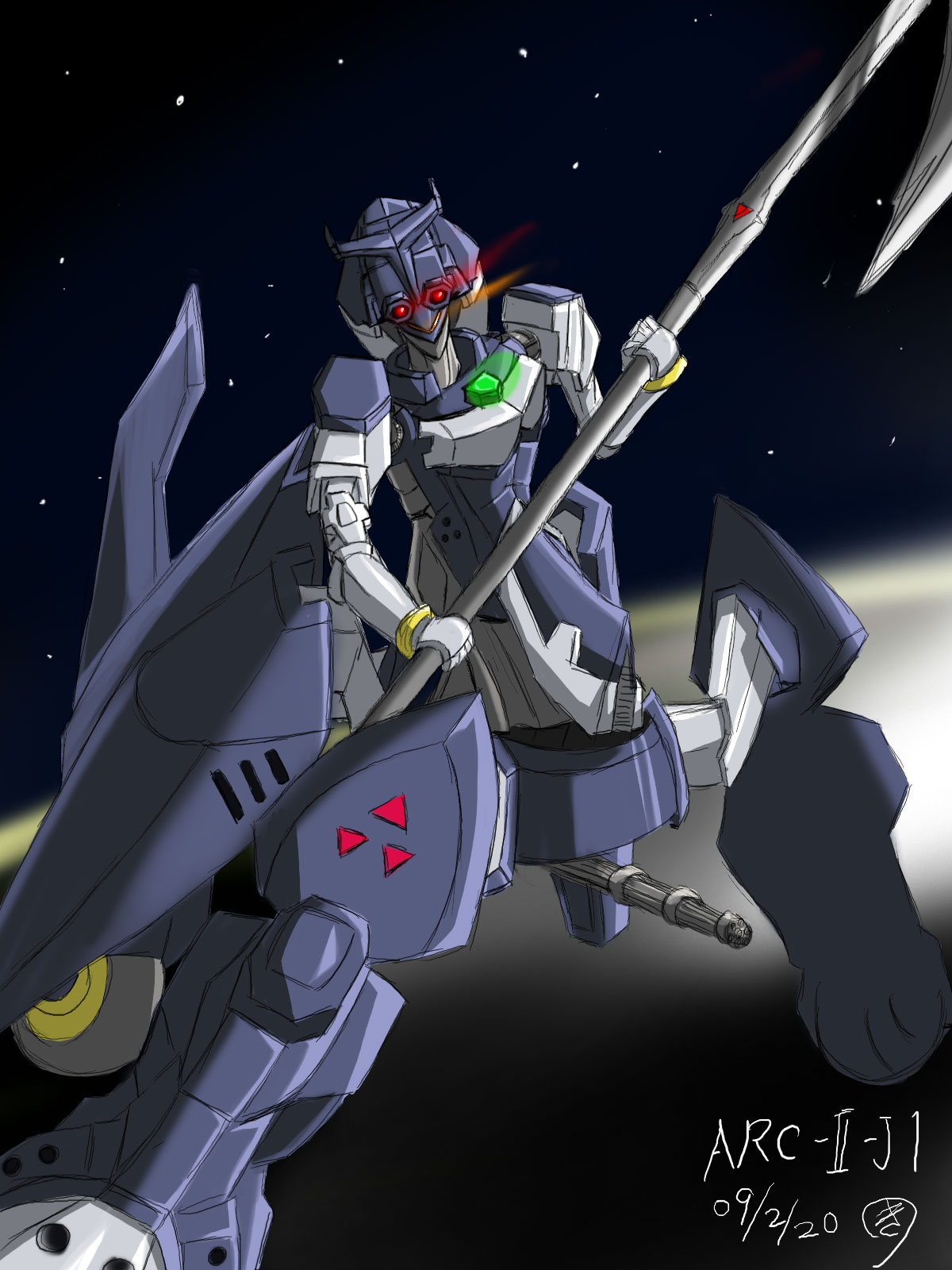 maokyu, arc-ii-j1, qt-arms, sora wo kakeru shoujo, bad id, bad pixiv id, highres, 00s, character name, dated, fighting stance, gatling gun, glowing, glowing eyes, gun, holding, holding weapon, legs apart, light trail, looking at viewer, mecha, no humans, outdoors, polearm, red eyes, robot, scythe, signature, sketch, sky, solo, space, star (sky), starry sky, weapon