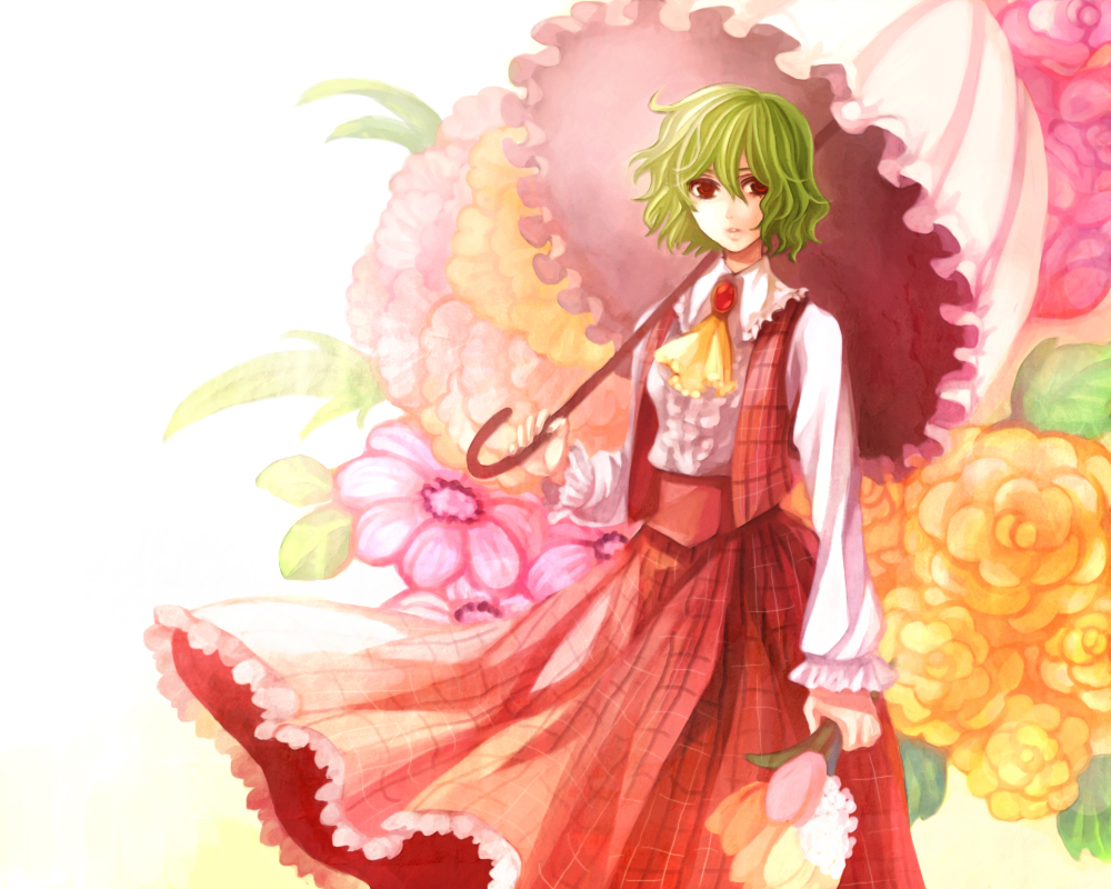 maco (munya), kazami yuuka, touhou, 1girl, female focus, flower, green hair, parasol, plaid clothes, plaid skirt, plaid vest, red eyes, skirt, skirt set, solo, umbrella, vest, wavy hair