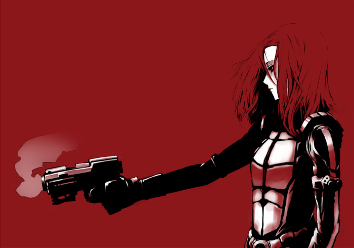 oguchi, nishu mizunoe, biomega, bad id, bad pixiv id, 1girl, armor, female focus, gun, handgun, high contrast, monochrome, profile, red background, red eyes, red hair, red theme, science fiction, smoke, smoking barrel, solo, weapon