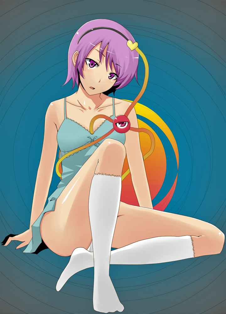 jont, komeiji satori, touhou, bad id, bad pixiv id, 1girl, breasts, chemise, female focus, full body, heart, purple eyes, purple hair, short hair, socks, solo