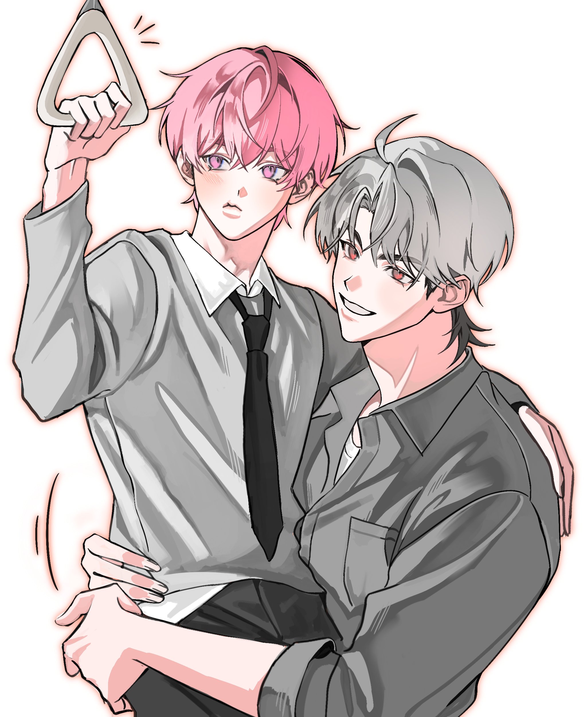 amo 0202, bamby (plave), plave, absurdres, highres, 2boys, ahoge, arm around back, black necktie, carrying, carrying person, closed mouth, eunho (plave), grey hair, grey shirt, holding, k-pop, long sleeves, looking ahead, male focus, multiple boys, necktie, pink eyes, pink hair, red eyes, shirt, simple background, smile, white background