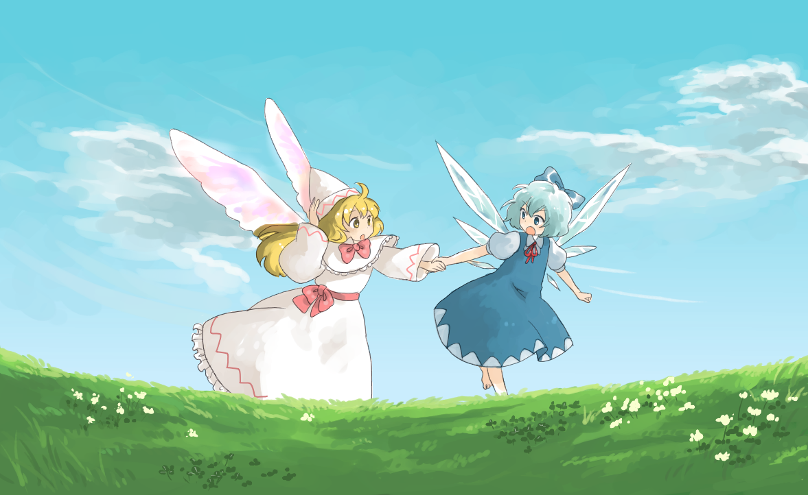 natsume (menthol), natsume (pixiv), cirno, lily white, touhou, bad id, bad pixiv id, 2girls, blonde hair, blue dress, blue eyes, blue hair, bow, bowtie, capelet, day, dress, female focus, frilled capelet, frilled dress, frills, hair ribbon, hand on headwear, hat, holding hands, long hair, long sleeves, multiple girls, puffy short sleeves, puffy sleeves, red bow, red bowtie, ribbon, short hair, short sleeves, sky, white dress, white hat, wings, yellow eyes