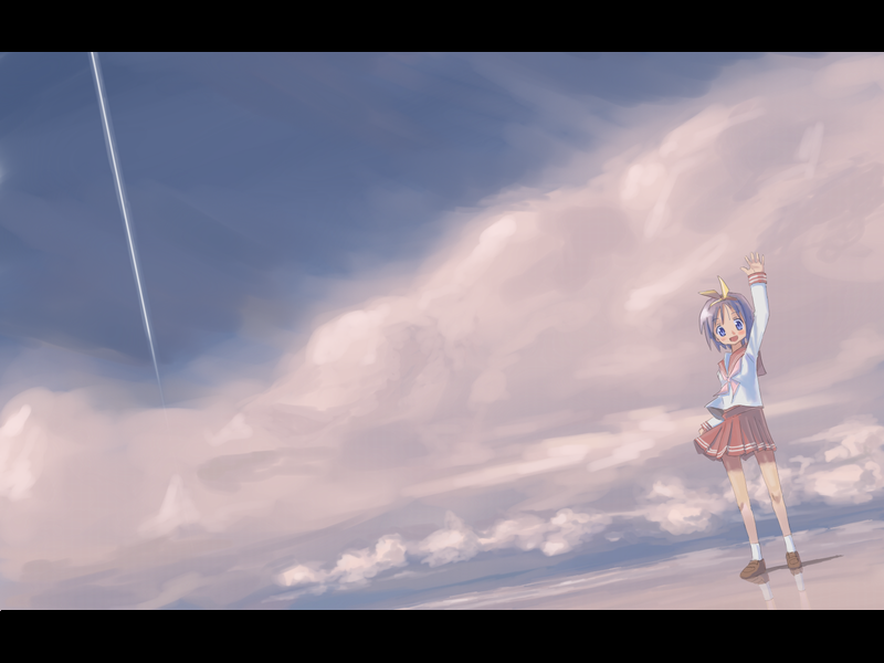 rounin (amuza), hiiragi tsukasa, lucky star, bad id, bad pixiv id, 00s, 1girl, cloud, contrail, female focus, letterboxed, scenery, school uniform, serafuku, solo, waving