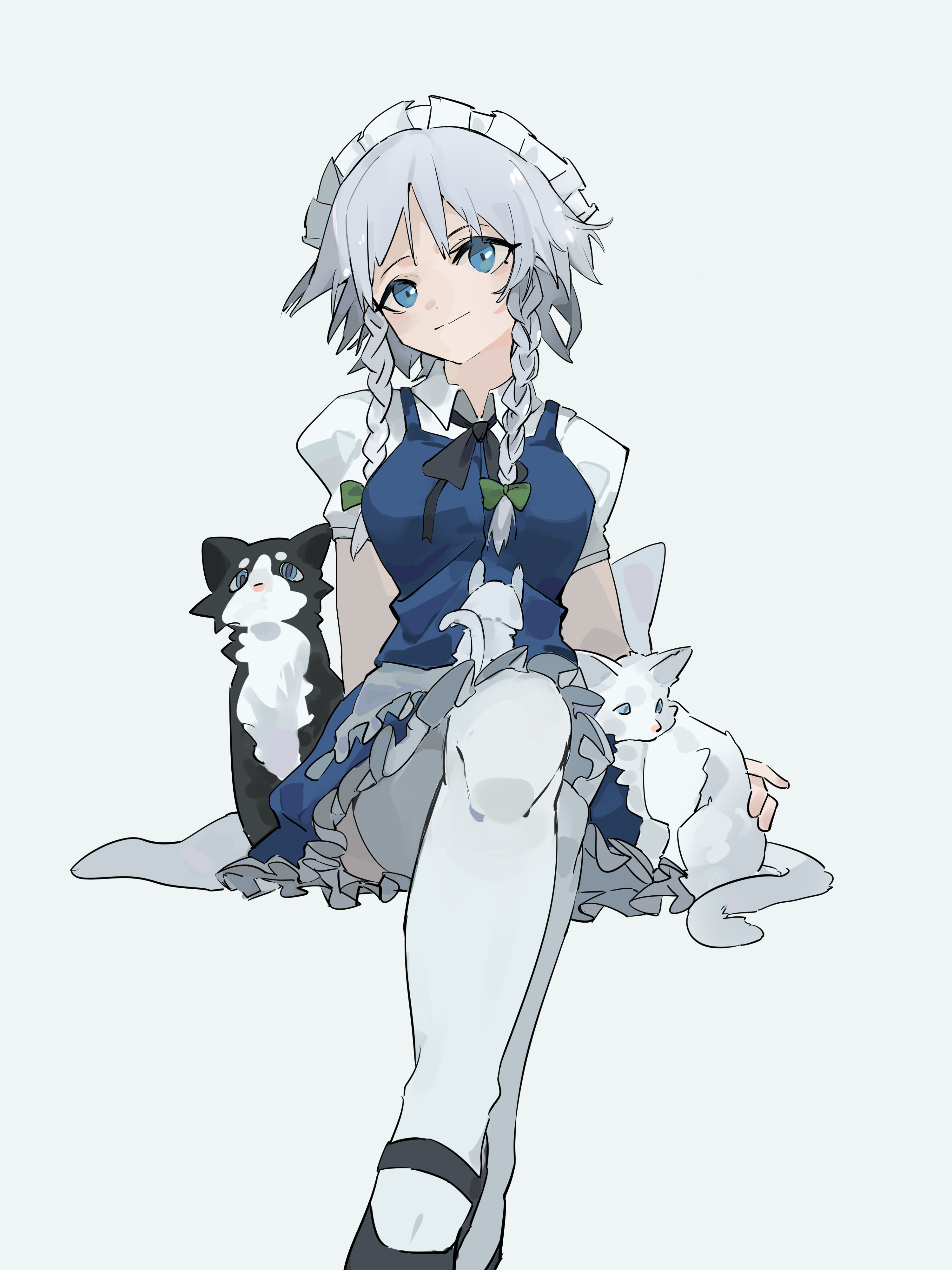 dantuodayo, izayoi sakuya, touhou, absurdres, commentary, highres, 1girl, apron, black cat, black ribbon, black shoes, blue dress, bow, braid, braided sidelock, breasts, cat, crossed legs, dress, foreshortening, green bow, grey hair, hair bow, invisible chair, looking ahead, maid, maid apron, maid headdress, medium breasts, neck ribbon, pinafore dress, puffy short sleeves, puffy sleeves, ribbon, shirt, shoes, short hair, short sleeves, simple background, sitting, sleeveless, sleeveless dress, smile, solo, thighhighs, twin braids, waist apron, white apron, white background, white cat, white shirt, white thighhighs