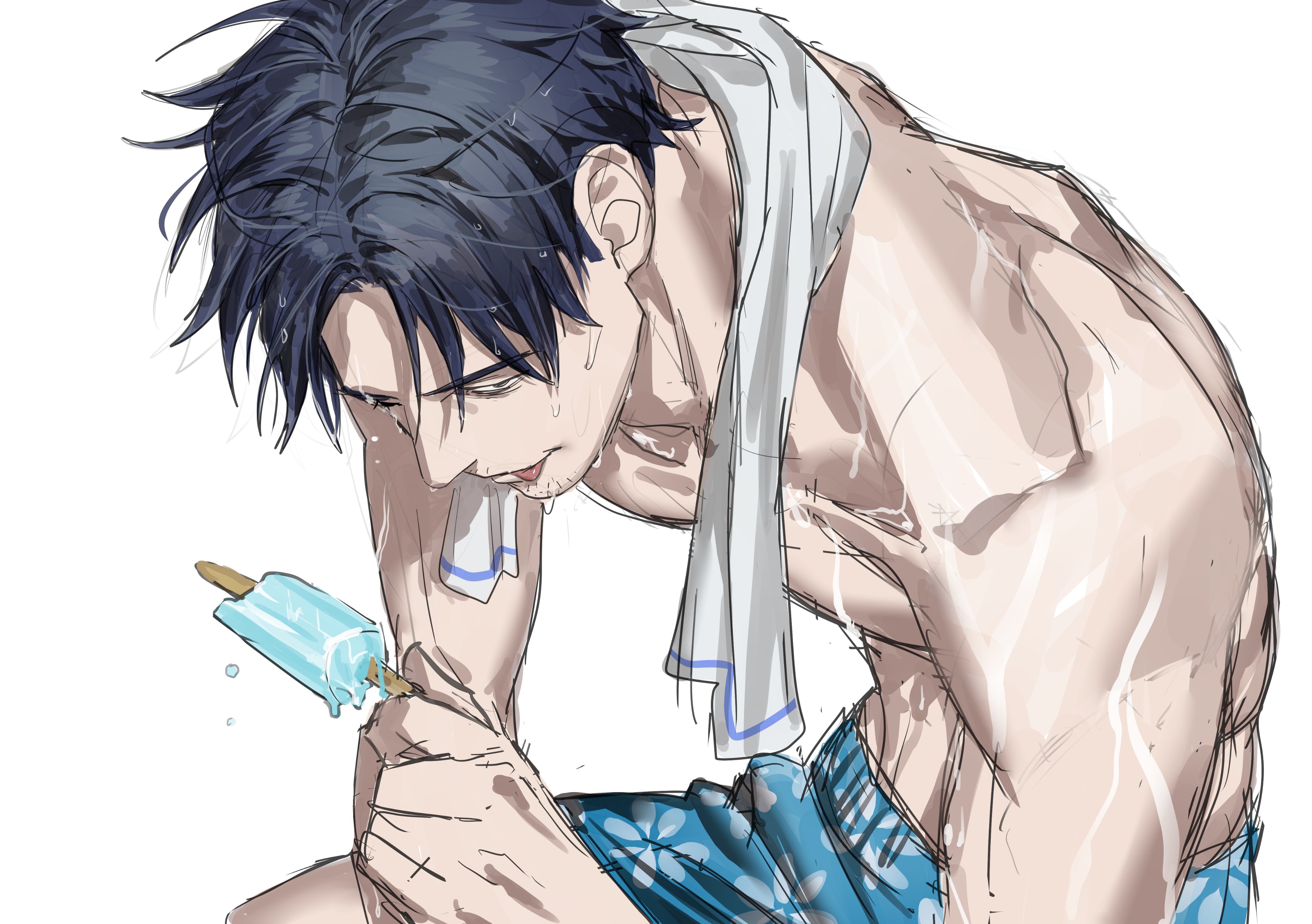 chamuring, absurdres, hashtag-only commentary, highres, unfinished, 1boy, blue hair, facial hair, food, male focus, popsicle, seon-woo eden, short hair, shorts, simple background, sitting, solo, special civil servant, topless male, towel, towel around neck, wet, wet hair, white background