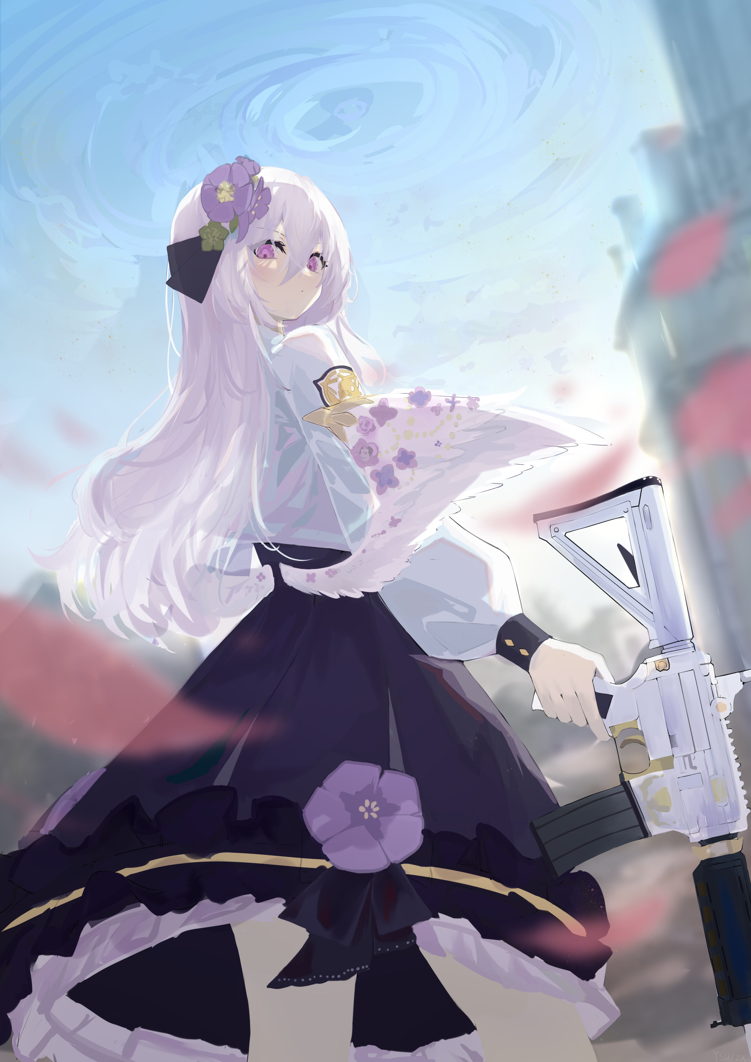 azusa (blue archive), blue archive, absurdres, highres, 1girl, dress, flower, frilled dress, frills, from side, gun, hair between eyes, hair flower, hair ornament, hair ribbon, holding, holding gun, holding weapon, long hair, looking at viewer, looking back, outdoors, purple eyes, ribbon, rifle, sidelocks, sky, solo, standing, weapon, white hair, wings, ye he yue