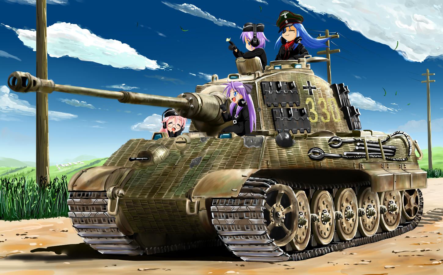 gyan (akenosuisei), hiiragi kagami, hiiragi tsukasa, izumi konata, takara miyuki, lucky star, bad id, bad pixiv id, 00s, 4girls, :3, = =, balkenkreuz, bug, butterfly, caterpillar tracks, cross, eyepatch, garrison cap, glasses, gun, hat, headphones, insect, iron cross, machine gun, mg 42, military, military uniform, military vehicle, mole, mole under eye, motor vehicle, multiple girls, nazi, peaked cap, reichsadler, siblings, sisters, tank, tiger ii, twins, utility pole, vehicle focus, weapon, world war ii