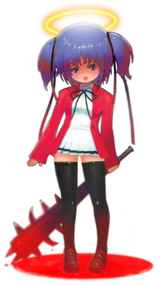 yukinami, mitsukai dokuro, bokusatsu tenshi dokuro-chan, 00s, 1girl, angel, bat (animal), black thighhighs, blood, blouse, blue hair, blush, club, club (weapon), collared shirt, escaliborg, excalibolg, female focus, green eyes, hairdressing, halo, pool of blood, purple hair, ribbon, school uniform, shirt, short hair, sidelocks, simple background, skirt, solo, spiked club, tears, thighhighs, traditional halo, twintails, two side up, weapon, white background, white shirt, zettai ryouiki