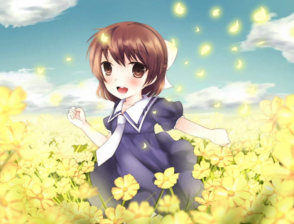 moccy, okazaki ushio, clannad, bad id, bad pixiv id, 00s, 1girl, bad anatomy, brown eyes, brown hair, female focus, flower, petals, poorly drawn, running, school uniform, short hair, solo