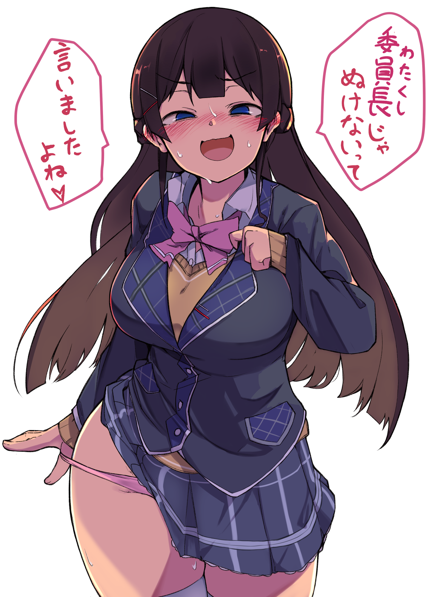 tsukino mito, tsukino mito (1st costume), nijisanji, highres, 1girl, blue eyes, blush, bow, bowtie, breasts, brown hair, clothes lift, hair ornament, hairclip, lapels, large breasts, long hair, long sleeves, mochimorira, open mouth, panties, panty pull, pink bow, pink bowtie, plaid clothes, plaid lapels, plaid skirt, pleated skirt, school uniform, simple background, skirt, skirt lift, smile, solo, sweat, thighhighs, underwear, virtual youtuber, white background, white thighhighs