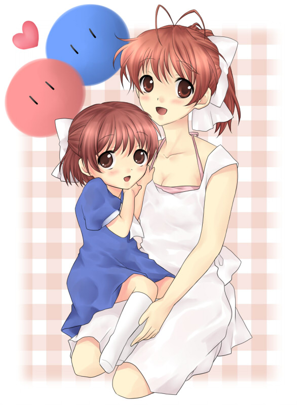 rik t, furukawa nagisa, okazaki ushio, clannad, dango daikazoku, bad id, bad pixiv id, 00s, age difference, antenna hair, brown eyes, brown hair, child, dango, dress, food, mother and daughter, ponytail, school uniform, short hair, wagashi
