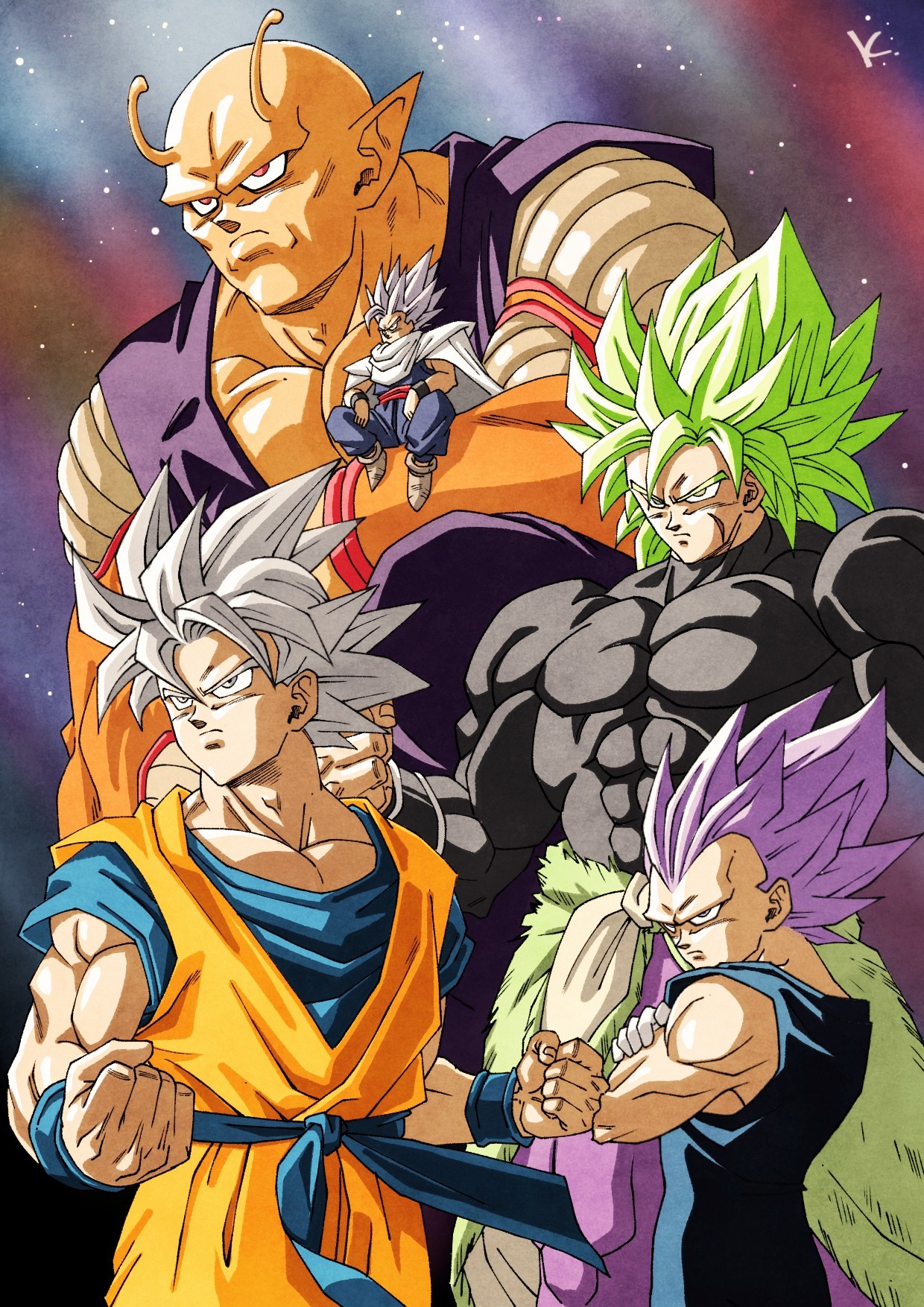 kakeru (dbskakeru), broly (dragon ball super), gohan beast, orange piccolo, piccolo, son gohan, son goku, vegeta, dragon ball, dragon ball super, dragon ball super broly, dragon ball super super hero, commentary request, highres, 5boys, antennae, arm behind head, arm up, armor, bald, black bodysuit, black eyes, black hair, blue bodysuit, blue boots, blue pants, bodysuit, boots, clenched hands, clenched teeth, colored skin, dougi, giant, gloves, green hair, group picture, legendary super saiyan, male focus, medium hair, multiple boys, muscular, muscular male, no eyebrows, no pupils, orange pants, orange shirt, orange skin, pants, pectorals, pointy ears, purple eyes, purple hair, purple pants, purple shirt, red eyes, saiyan armor, scar, shirt, spiked hair, standing, super saiyan, teeth, ultra ego (dragon ball), ultra instinct, white boots, white gloves, white hair