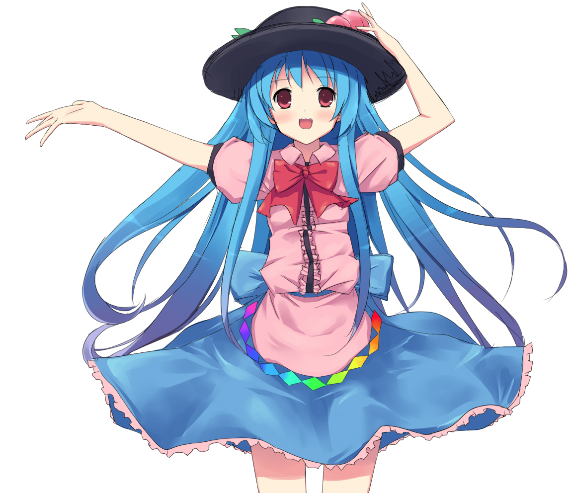 pepe (peperomiaisabel), pepe (pixiv), tanuxu, hinanawi tenshi, touhou, bad id, bad pixiv id, 1girl, blue hair, blush, cowboy shot, female focus, food, fruit, hat, long hair, open mouth, simple background, solo, very long hair, white background