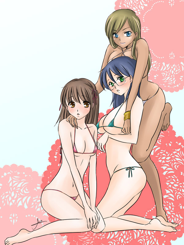 tomoring, original, 3girls, barefoot, bikini, blonde hair, blue eyes, blue hair, brown eyes, brown hair, dark-skinned female, dark skin, glasses, green eyes, long hair, micro bikini, multiple girls, swimsuit