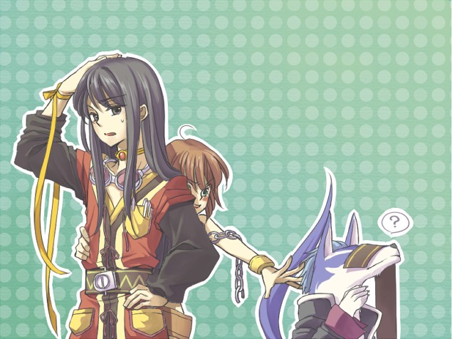 haikyo, spring water, repede (tales), rita mordio, yuri lowell, tales of (series), tales of vesperia, 1boy, 1girl, black hair, brown hair, chain, cosplay, costume switch, dog, goggles, long hair, rita mordio (cosplay), sash, short hair, yuri lowell (cosplay)