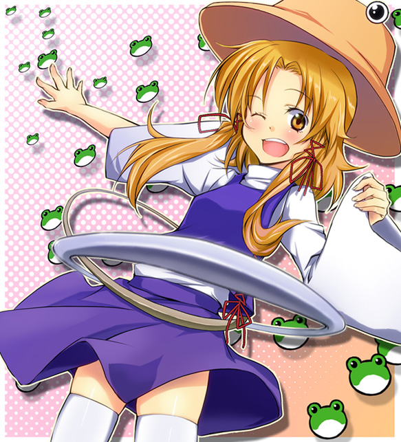 tsujigiri, moriya suwako, touhou, 1girl, chakram, female focus, frog, halftone, halftone background, hat, hoop, jewelry, moriya's iron rings, one eye closed, polka dot, polka dot background, ribbon, ring, skirt, solo, thighhighs, weapon, white thighhighs, wide sleeves, wink, zettai ryouiki